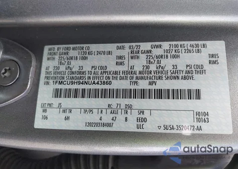 2022 Ford Escape Sel z USA, uszkodzony, nr VIN 1FMCU9H94NUA43860
